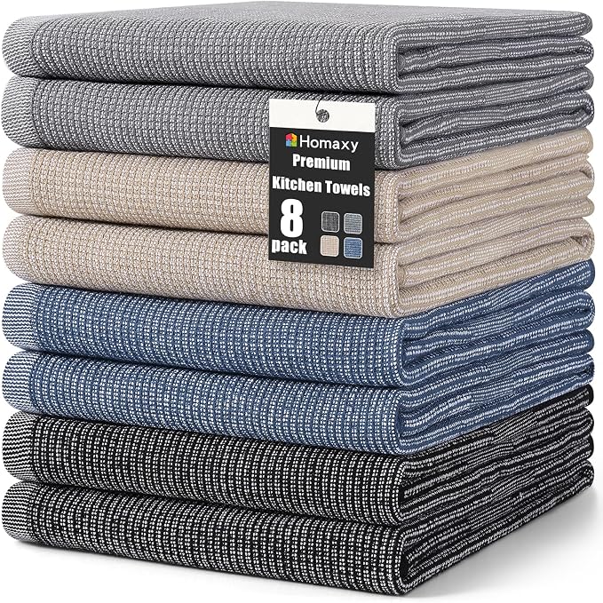 Homaxy 380 GSM Cotton Premium Kitchen Towels 8 Pack, 18"x 28", Mixed Color | Flat and Terry Dish Towels, Highly Absorbent Tea Towel Set with Hanging Loop, Soft Utility Kitchen Hand Towels by Homaxy