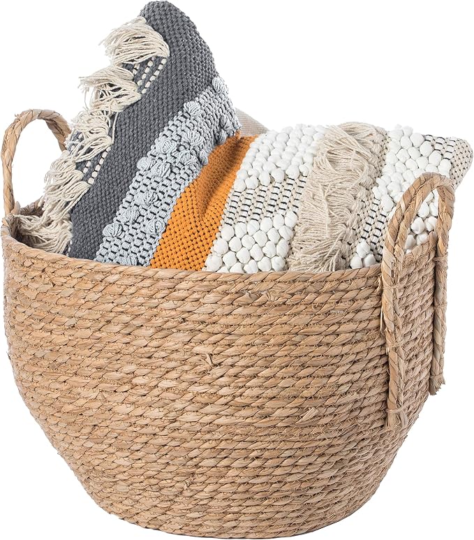 Vintiquewise Decorative Round Wicker Woven Rope Storage Blanket Basket with Braided Handles - Large by Vintiquewise