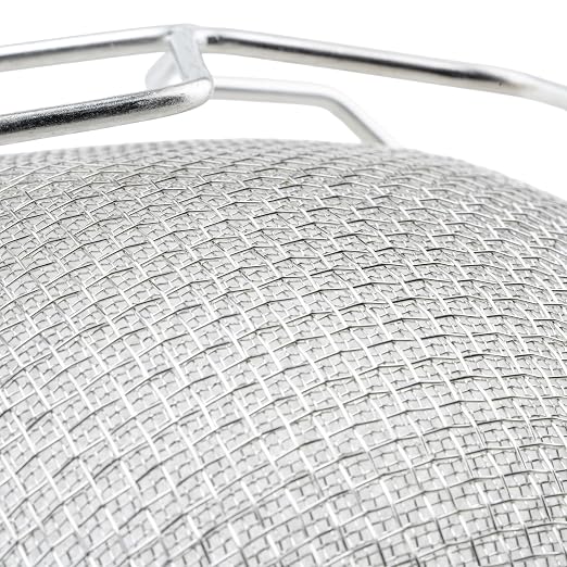 Winco 12" Tan Double Mesh Tin-Plated Steel Strainer, Nickel Plated | Double mesh, Wire handle, Hanging loop, Great for Draining Pasta, Rinsing Produce, Straining and Kitchen Prep - Image 2