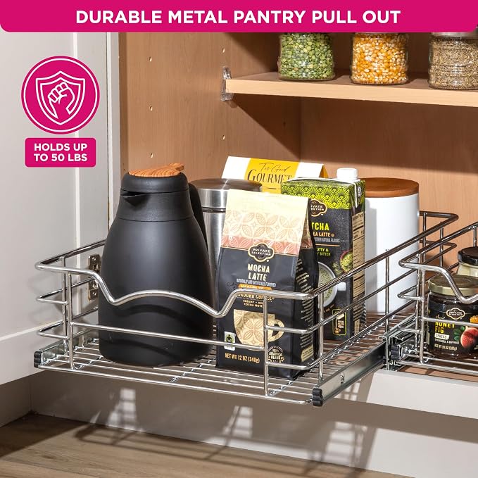 HOLDN’ STORAGE Pull Out Cabinet Organizer, Pantry Drawer, 11"W x 21"D x 5"H | Heavy-Duty Full-Extension, Roll Out Shelf for Pots, Pans & Under Sink Storage, Chrome, Require a 12.25"W Cabinet Opening - Image 4