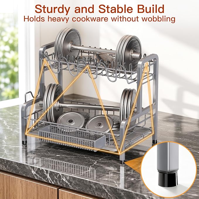 2 Tier Large Stainless Steel Dish Drying Rack for Kitchen Counter | Big Dish Drainer with Drainboard, Cup & Utensil Holder, Space Saving Rustproof Countertop Metal Plate Dryer Rack, Fast Drain - Image 5