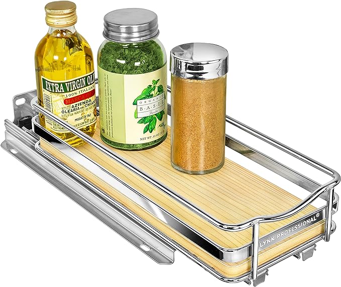 LYNK PROFESSIONAL® Élite™ Pull Out Spice Organization for Cabinets - 4-3/8 inch Wide – Spice Rack for Inside Cabinets – Wood/Chrome - Sliding Spice Rack Organizer for cabinet – Spice Rack - 1 Tier by LYNKPROFESSIONAL