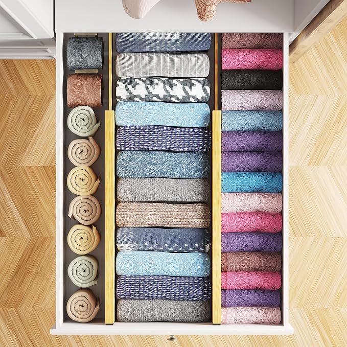 SpaceAid Bamboo 4 Pack Dresser Drawer Dividers, 4.65“ High Adjustable 17“-22” Drawer Organizers, Expandable Organization for Clothing, Clothes, Dressers, Natural - Image 4