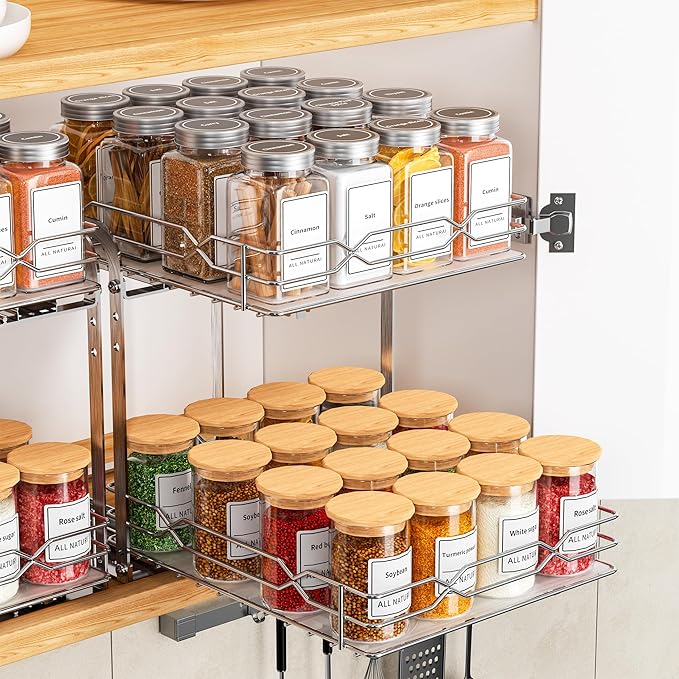 BOIVSHI Pull Out Spice Rack, 9.25" W x 10.39" D x 9.76" H | 2 Tier, Space-Saving, Spice Organization for Cabinet, Heavy Duty Metal Spice Organizer for Cabinet, Pantry, Kitchen by BOIVSHI