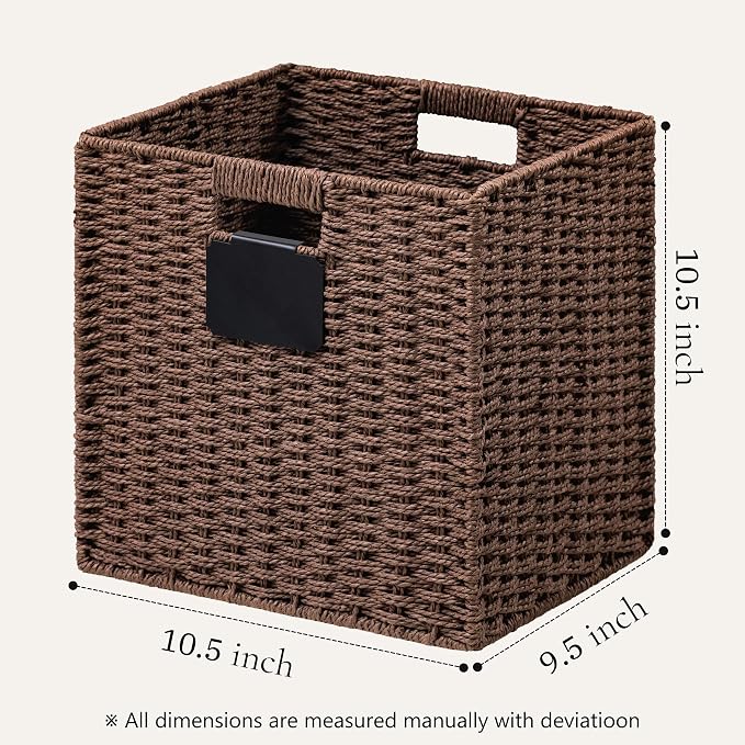 UBBCARE 2 Pack Wicker Basket, 10.5×10.5 Storage Cubes with Label, Foldable Cube Storage Bin with Handle, Square Storage Basket for Shelves, Woven Paper Rope Basket for Organizing, Brown - Image 2
