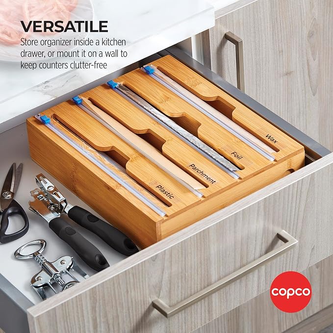 Copco In Drawer or Mounted 4 Compartment Organizer for Plastic, Foil, Wax and Parchment Paper featuring Easy Slide Tabs for Perfect Cut, With 21 Customizable Labels, Bamboo, 13.3 x 11 x 3 Inch - Image 2