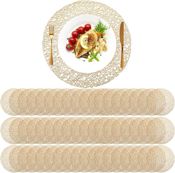 Sieral 60 Packs Gold Round Placemats 15 Inch Hollow Out Pressed Vinyl Place Mats Heat Resistant Woven Gold Placemats for Christmas Dinner Table Winter Holiday Party Wedding Centerpiece Decoration by Sieral
