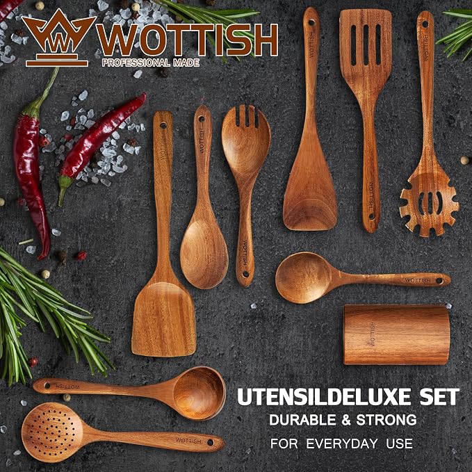 Wooden Spoons for Cooking,Wooden Cooking Utensil Set,10-Piece Wooden Kitchen Utensil Set with Wooden Spoons(A10) - Image 2