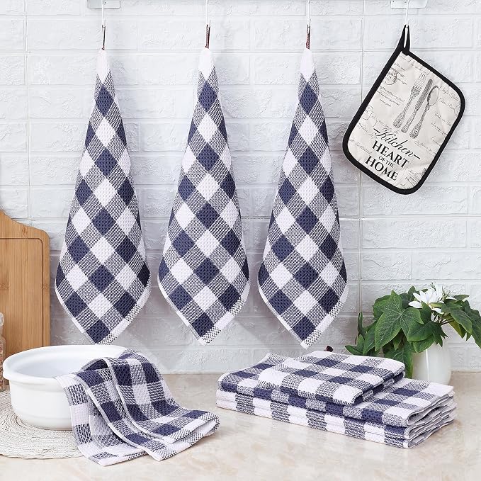Homaxy Kitchen Towels and Dishcloths Set, Set of 8, Blue & White | Bulk Cotton Waffle Weave Check Plaid Kitchen Towels, Super Soft and Absorbent Dish Cloths, 12 x 12 and 13 x 28 Inches - Image 6