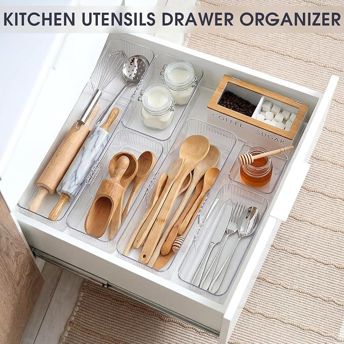 Aneco 14 Pieces Extendable Clear Drawer Organizer Adjustable Vanity Storage Box 4-Size Desk Drawer Divider Acrylic Storage Bins for Makeup, Cosmetic, Jewelries, Bedroom Kitchen Utensils Gadgets - Image 6