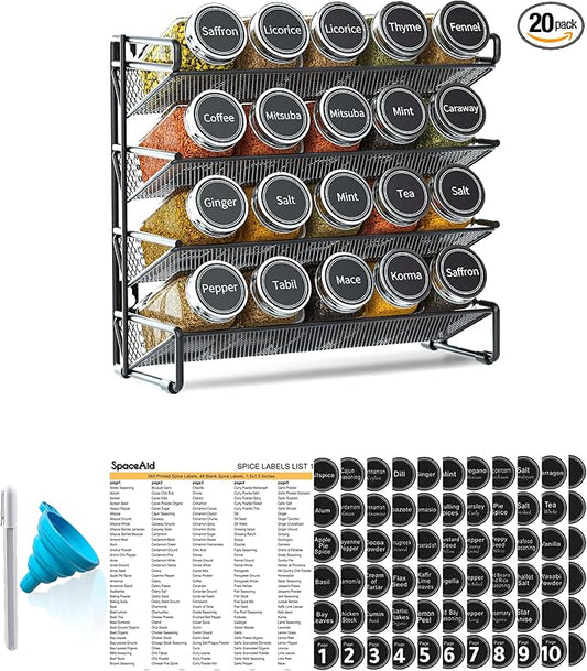 SpaceAid Spice Rack Organizer with 20 Spice Jars, 386 Spice Labels, Chalk Marker and Funnel Set for Cabinet, Countertop, Pantry, Cupboard or Door & Wall Mount - 20 Jars, 9.8" W × 10.8“H, Black by SpaceAid