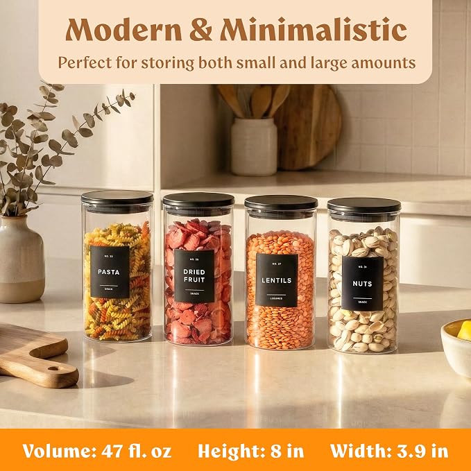 Glass Storage Containers with Black Lids [4x40oz] Extra Thick Glas with 54 Labels - Canister For Pantry Noodles Flour Cereal Rice Sugar Tea Coffee Beans - Round Set - Image 2