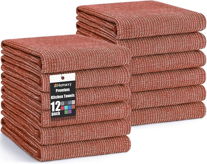 Homaxy 380 GSM Cotton Premium Kitchen Towels 12 Pack, 18"x 28", Rust | Flat and Terry Dish Towels, Highly Absorbent Tea Towel Set with Hanging Loop, Soft Utility Kitchen Hand Towels by Homaxy