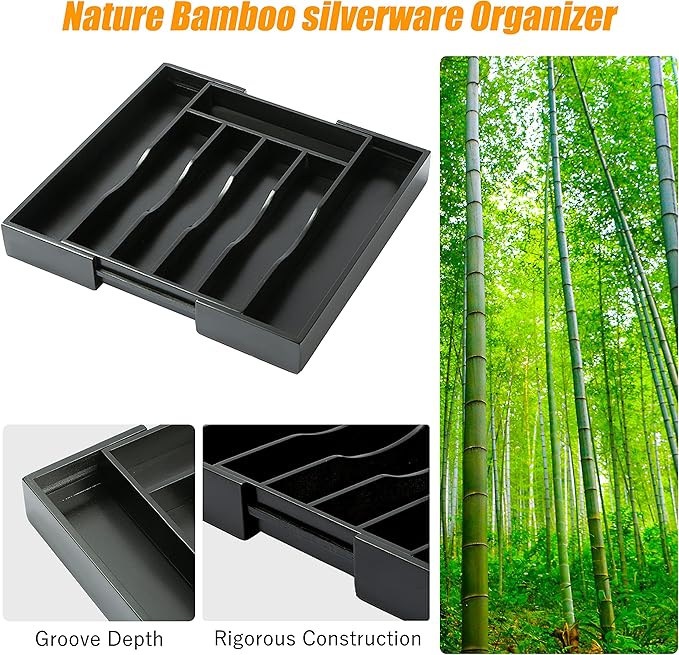 Black Silverware Organizer Kitchen Drawer Organizer Expandable Bamboo Utensil Holder Cutlery Tray for Kitchen Utensil and Flatware Bedroom Office - Image 6