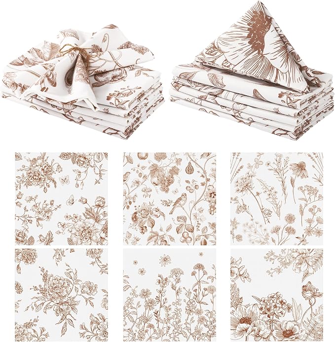 Kochorie 12 Pieces Brown Floral Cloth Napkins, 18 x 18 Inch Reusable Soft Fabric Napkins, Autumn Table Dinner Napkin for Fall Thanksgiving Tea Party Holiday Home Kitchen Wedding Restaurant by Kochorie