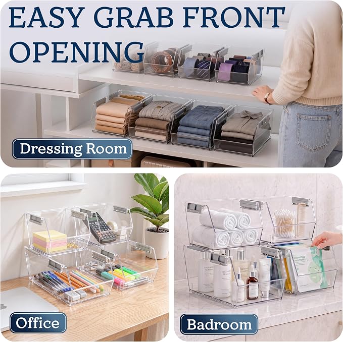 HOMESTEAD Set of 8 Stackable Storage Bins, 4 Large + 4 Small Clear Plastic Organizer Bins, Open Front Design for Kitchen Pantry, Fridge, Cabinet, Bathroom Organization and Bulk Snack Storage - Image 8