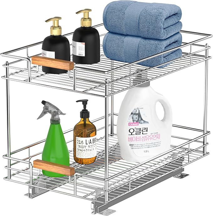 Mount Walker Pull Out Cabinet Organizer(14" W x 21" D), 2 Tier Slide Out Shelves with Wood Handle, Sliding Drawer Pull Storage Shelf for 15-1/4” Cabinet Opening, Chrome by MountWalker