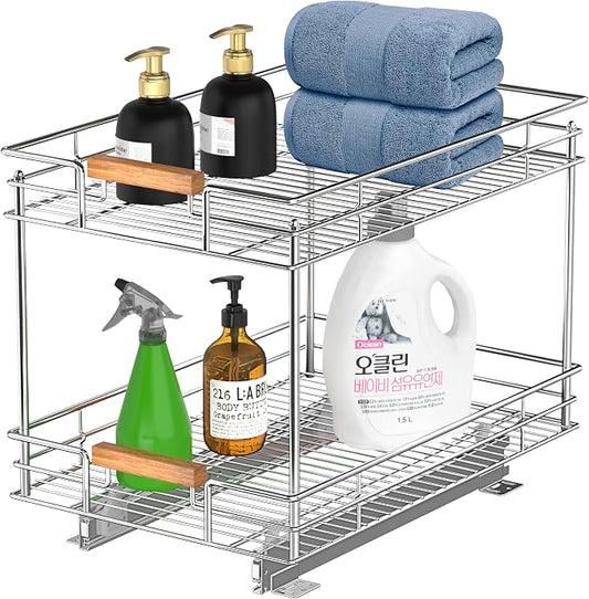 Mount Walker Pull Out Cabinet Organizer(14" W x 21" D), 2 Tier Slide Out Shelves with Wood Handle, Sliding Drawer Pull Storage Shelf for 15-1/4” Cabinet Opening, Chrome by MountWalker