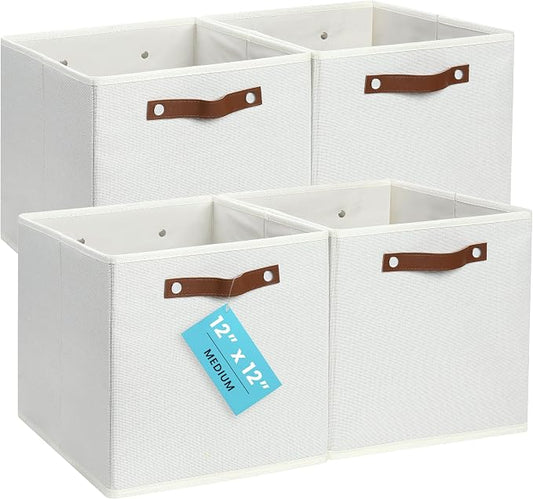 OrganiHaus 12x12 Cube Storage Bins, Set of 4 - Fabric Storage Cubes | Sturdy, holds its shape; odor-free; fits 12-inch cube shelves; vegan leather handles by OrganiHaus