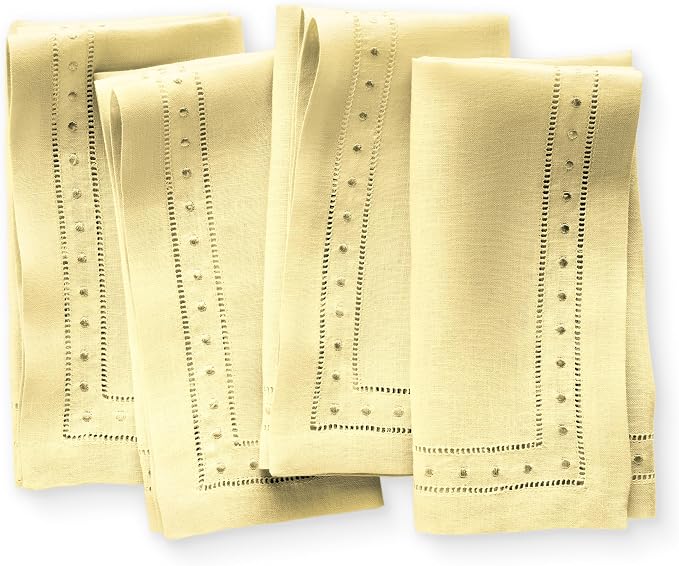 Linen Napkins 18 x 18 inch - 100% Flax Linen Yellow Dinner Napkins with Embroidered Dot 18 x 18 inch - Hemstitch Cloth Napkins Washable for Easter and Spring Decor by OlucioAuthentiqueHome