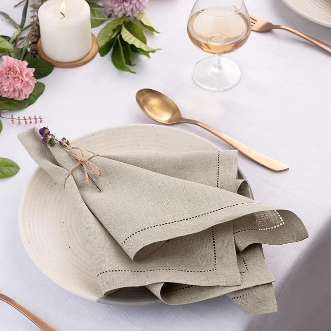 Signature Linen™ by D'Moksha Natural Dinner Napkins Set of 8, 20 x 20 Inch Cloth Napkins, 100% Pure Linen, Hemstitch, Machine Washable Table Napkins- Summer, Weddings, Outdoor hostings - Image 3
