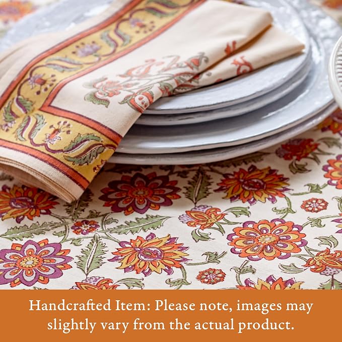 100% Orange Cotton Dinner Napkins, Set of 6, Hand Printed Orange Blossom Design, Fair Trade, Washable Cloth Napkins for Parties & Cocktails 20x20 in - Image 2