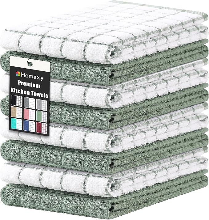 Homaxy Large Premium Cotton Kitchen Towels 16"x 28", 8 Pack, Sage Green | Natural Ring Spun 390 GSM Dish Towels, Super Absorbent Terry Kitchen Hand Towels, Soft Tea Towels with Hanging Loop by Homaxy