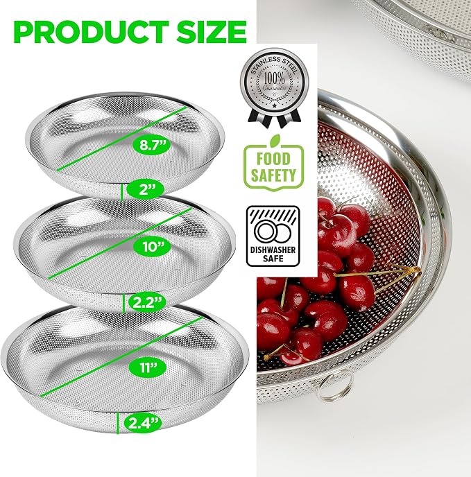Shallow Stainless Steel Colander Set of 3 – Micro-Perforated Tray Strainers for Berries Vegetables Fruit, 18/8 304 Low Profile (2, 3, 4 Qt) Self-Draining Base, Dishwasher Safe, Made in Korea - Image 5