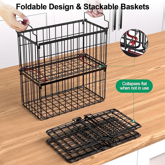 Freezer Organizer Bins, 4 Pack Big Baskets for 5/ 7 Cu.FT Deep Freezer | Stackable Chest Freezer Organizer Bins, Foldable Baskets with Handles, Black Storage Container Baskets for Sort Frozen Meats - Image 3