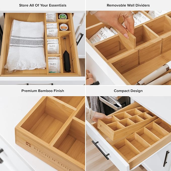 Tea Bag & Coffee Pod Organizer, Small, Bamboo | 9-compartment design, removable wall inserts, non-slip feet, sustainable bamboo - Image 3