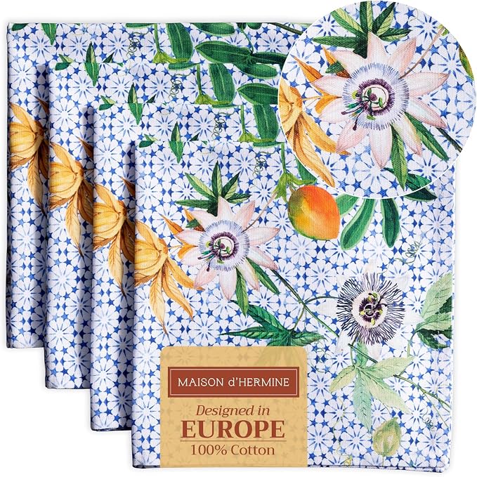 Maison d' Hermine Cloth Napkins Set of 4 Reusable 100% Cotton (20" x 20") | Everyday Square Napkins Cloth Washable Dinner Party Wedding Restaurant Hotel Kitchen Spring Summer - Passiflora by MaisondHermine
