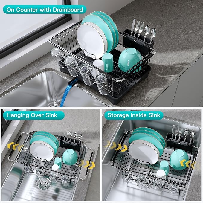 JASIWAY Black Dish Drying Rack in Sink with Drainboard and Utensil Holder | Use Over the Sink or Counter, Stainless Steel Expandable Dish Drainer for Small Kitchen, Space Saving, Fast Drain, Rustproof - Image 2