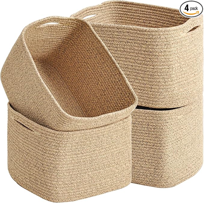 ICERZCZ Woven Cotton Rope Storage Baskets for Organizing & Shelves, Organization Bins for Dog Toys, Clothes, Books, Nursery Organizer, 15"x11"x9", Mixed Brown (4 Packs) by ICERZCZ