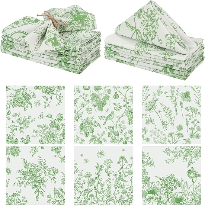 Kochorie 12 Pieces Green Floral Cloth Napkins, 18 x 18 Inch Reusable Soft Fabric Napkins, Washable Flower Dinner Cocktail Napkin for Spring Summer Tea Party Holiday Home Kitchen Wedding Restaurant by Kochorie