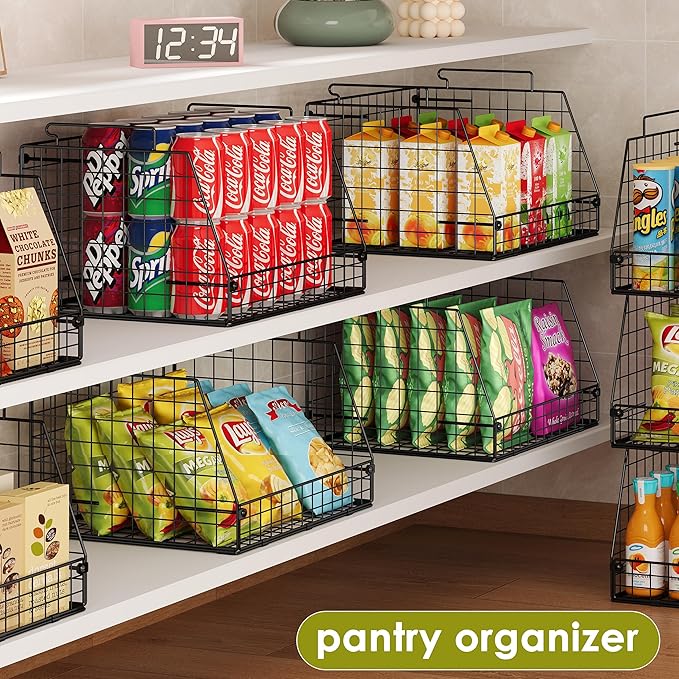 Jakyitvi 6 Pack Stackable Wire Baskets for Pantry,6 Pank Metal Pantry Organizer Storage Bins for Kitchen Snack, Fruit, Potato, Onion & Vegetable Storage, Wire Baskets for Pantry Organization - Image 4