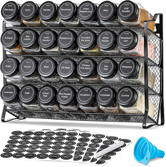 AOZITA Spice Rack Organizer for Cabinet, Spice Organizer with 28 Empty Spice Jars with Black Lids, Funnel, Spice Labels, Seasoning Organizer for Countertop, Cabinet, Kitchen, Pantry, Cupboard by AOZITA