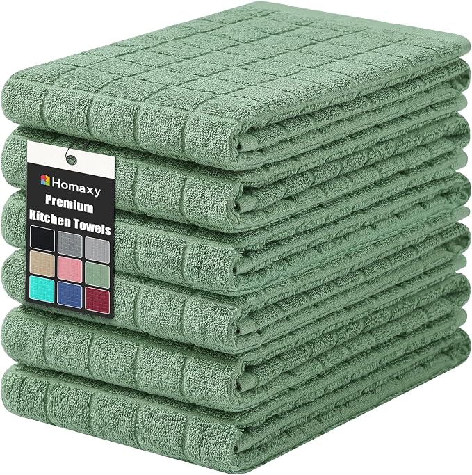 Homaxy Premium Ring Spun Cotton 390 GSM Kitchen Towels, 6 Pack, Grass Green | 16" x 28" Large Dish Towels, Super Absorbent Terry Hand Towels, Soft Tea Towels with Hanging Loops by Homaxy