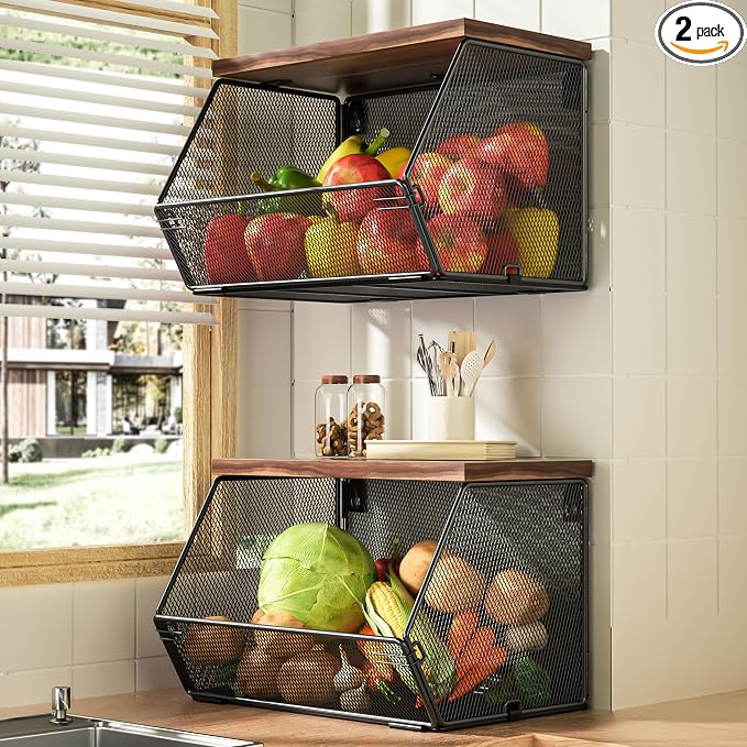Stackable Fruit Basket for Kitchen Countertop Space Saving, Wall Mounted Mesh Metal Wire Baskets with Wood Lid Extra Storage, 2 Pack Kitchen Counter Organizer for Snack, Onion and Potato Storage by Litwaro