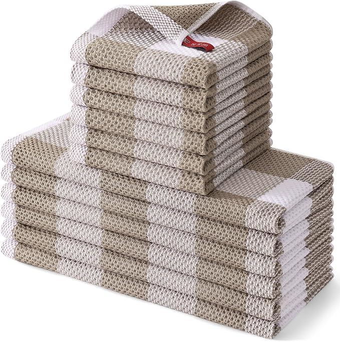 Homaxy Kitchen Towels and Dishcloths Set, Set of 12, White & Khaki | Bulk Cotton Waffle Weave Check Plaid Kitchen Towels, Super Soft and Absorbent Dish Cloths, 12 x 12 and 13 x 28 Inches by Homaxy