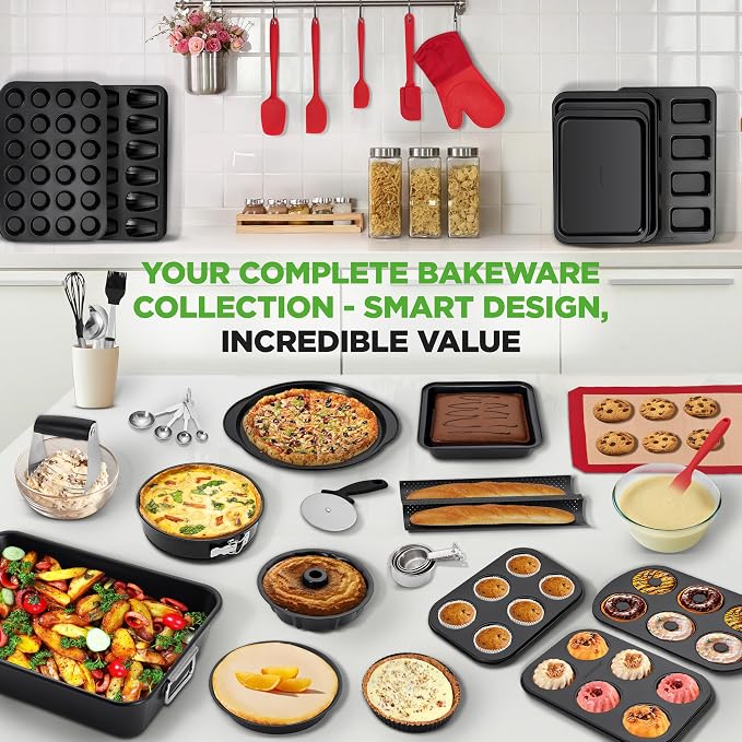 NutriChef 42-Piece Nonstick Bakeware Set | Carbon Steel Baking Pans Set with Oven Mitts, Muffin Trays, Cookie Sheets, Loaf Pan, & Accessories for Cakes, Pizza & Bread. - Image 5