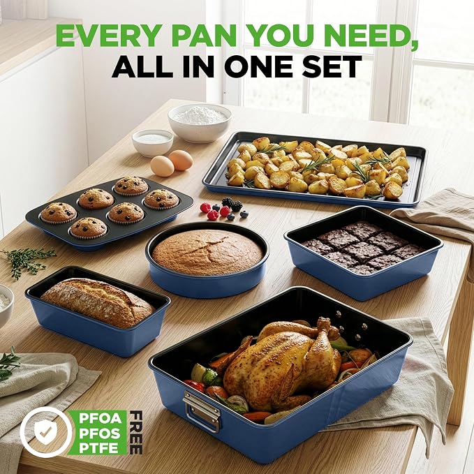 NutriChef 8-Piece Nonstick Bakeware Set - Baking Tray Set w/Non-Stick Coating, 450°F Oven Safe, Round Cake, Loaf, Muffin, Wide/Square Pans, Cookie Sheet (Blue) - Image 6