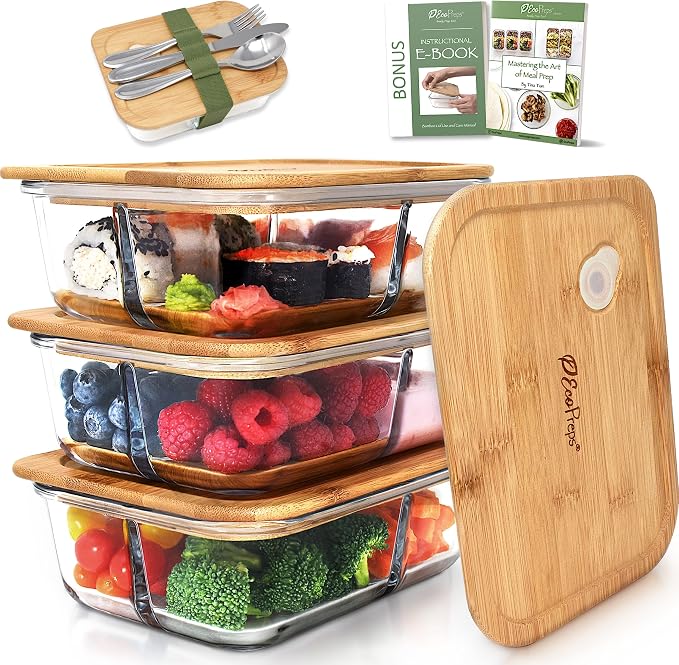 Glass Bento Box Containers with Bamboo Lids, 3 Compartment Glass Meal Prep Containers (3 Pack) - 100% Plastic Free, Eco-Friendly Lunch Container Set, Bamboo Lid Bento Boxes for Adults - Image 9