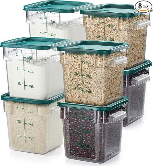 8-Pack 4 Qt NSF Clear Polycarbonate Food Storage Containers with Green Lids - Square, Commercial-Grade, Freezer & Dishwasher Safe, Stackable by CURTA