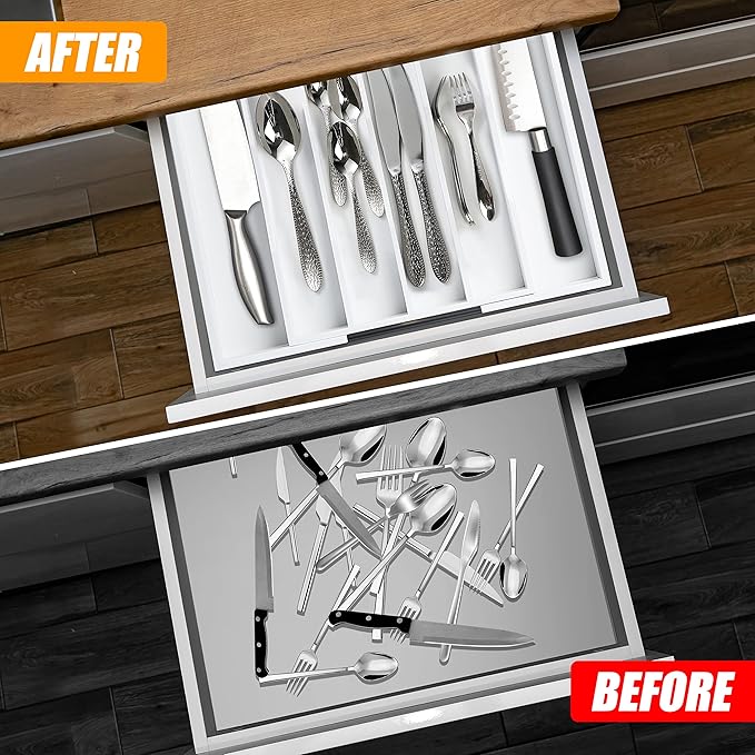 White Silverware Organizer Kitchen Drawer Organizer Expandable Bamboo Utensil Holder Cutlery Tray for Kitchen Utensil and Flatware Bedroom Office - Image 2