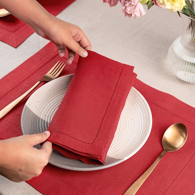 Signature Linen™ by D'Moksha Racing Red Dinner Napkins Set of 8, 20 x 20 Inch Cloth Napkins, 100% Pure Linen, Hemstitch, Machine Washable Table Napkins- Summer, Weddings, Outdoor hostings - Image 2