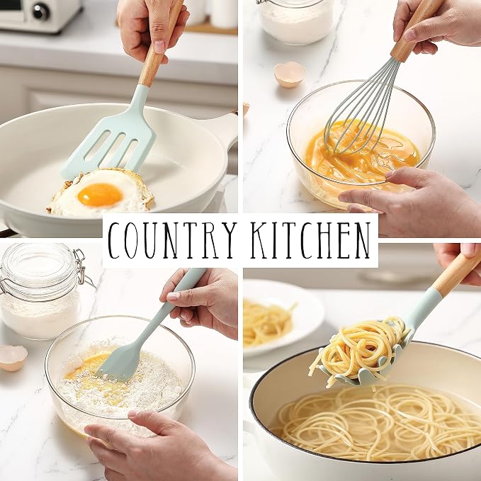 Country Kitchen Non Stick Silicone Utensil Set with Rounded Wood Handles for Cooking and Baking, 14 Piece Set, Mint - Image 3