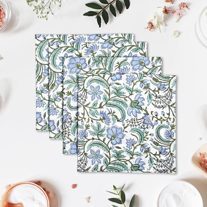 Columbia Blue Hand Block Print 100% Cotton Napkins 18" x 18" (Set of 4) Reuseable Kitchen Napkins Cloth Decor Dinner Party Wedding Cocktail Gift for Spring, Easter, Summer - Image 3