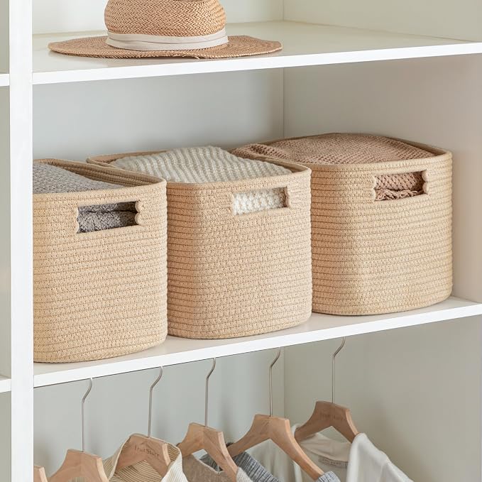 4 Pack Storage Baskets for Organizing, Shelf Baskets with Handles, Brown | 14.5"Lx9.8"Wx9"H, Woven Basket, Cotton Rope Basket, Toy Storage, Cube Shelf, Gift Baskets Empty, Home Decor - Image 3