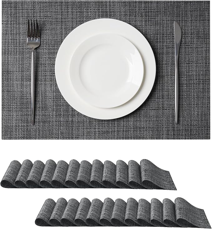 Leetaltree Black and Grey Woven Placemats Set of 24 - Heat Resistant Non-Slip Place mats for Dining Table, Washable Durable PVC Vinyl Woven Table Mats(Black & Grey, 24) by Leetaltree-ArtatEveryTable
