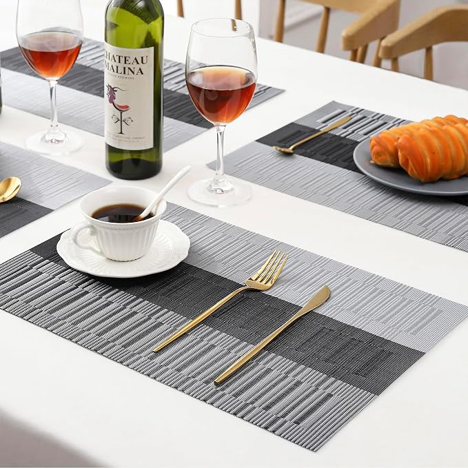 Leetaltree Grey with White Striped Placemats Set of 6 - Heat Resistant Non-Slip Place mats for Dining Table, Washable Durable PVC Vinyl Woven Table Mats（Grey Stripe, 6） - Image 8